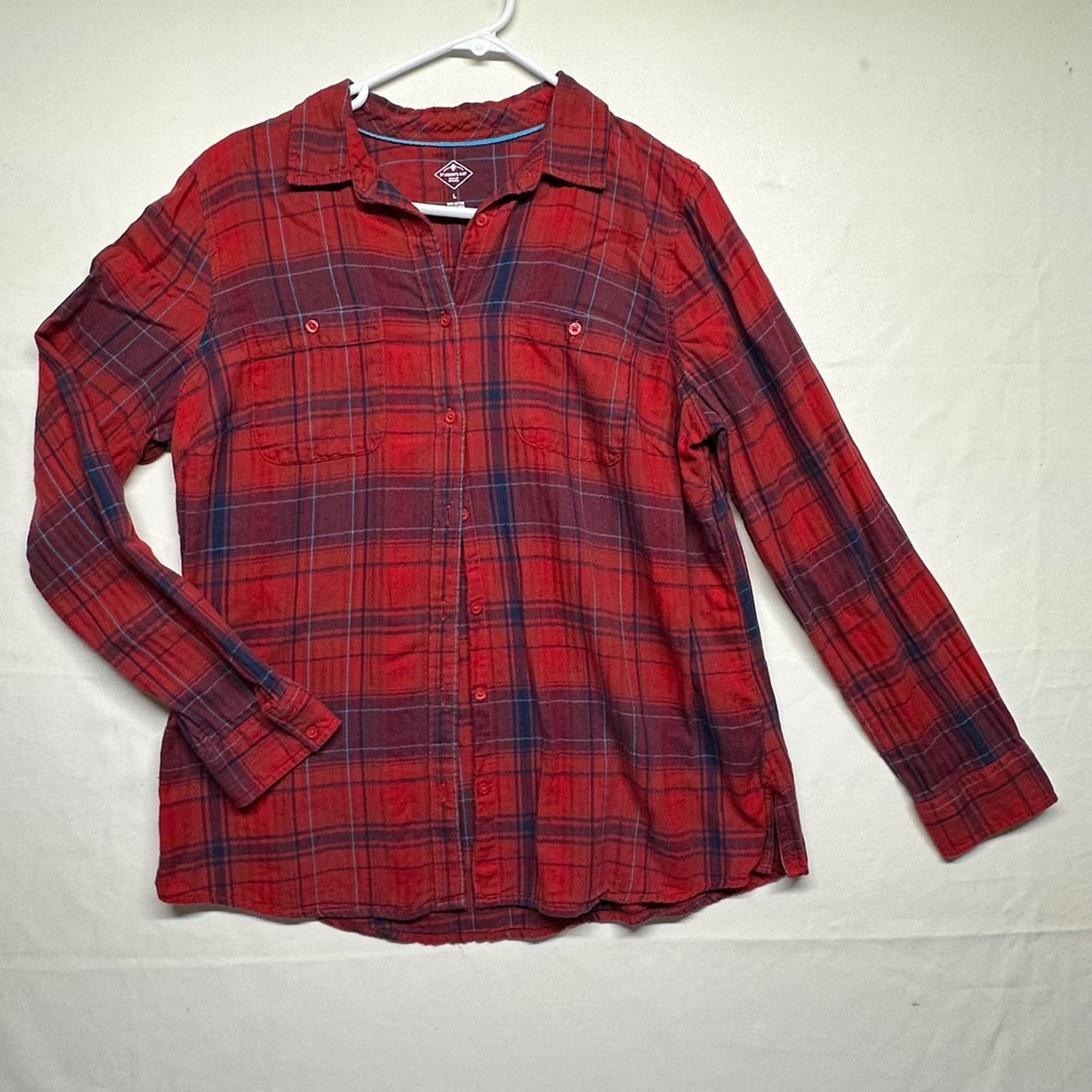 St. John's Bay Long Sleeve Plaid 100%‎ Cotton Gauze Red Purple Womens Large